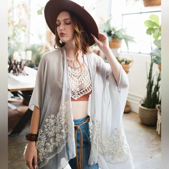 smoke grey Lace Embroidery RESORT TKimono Spring Summer color wrap Cover-up New - Picture 1 of 3